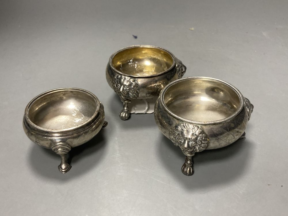 A George II silver bun salt, by David Hennell?, London, 1746, 7.5cm and two later silver bun salts, 8oz.